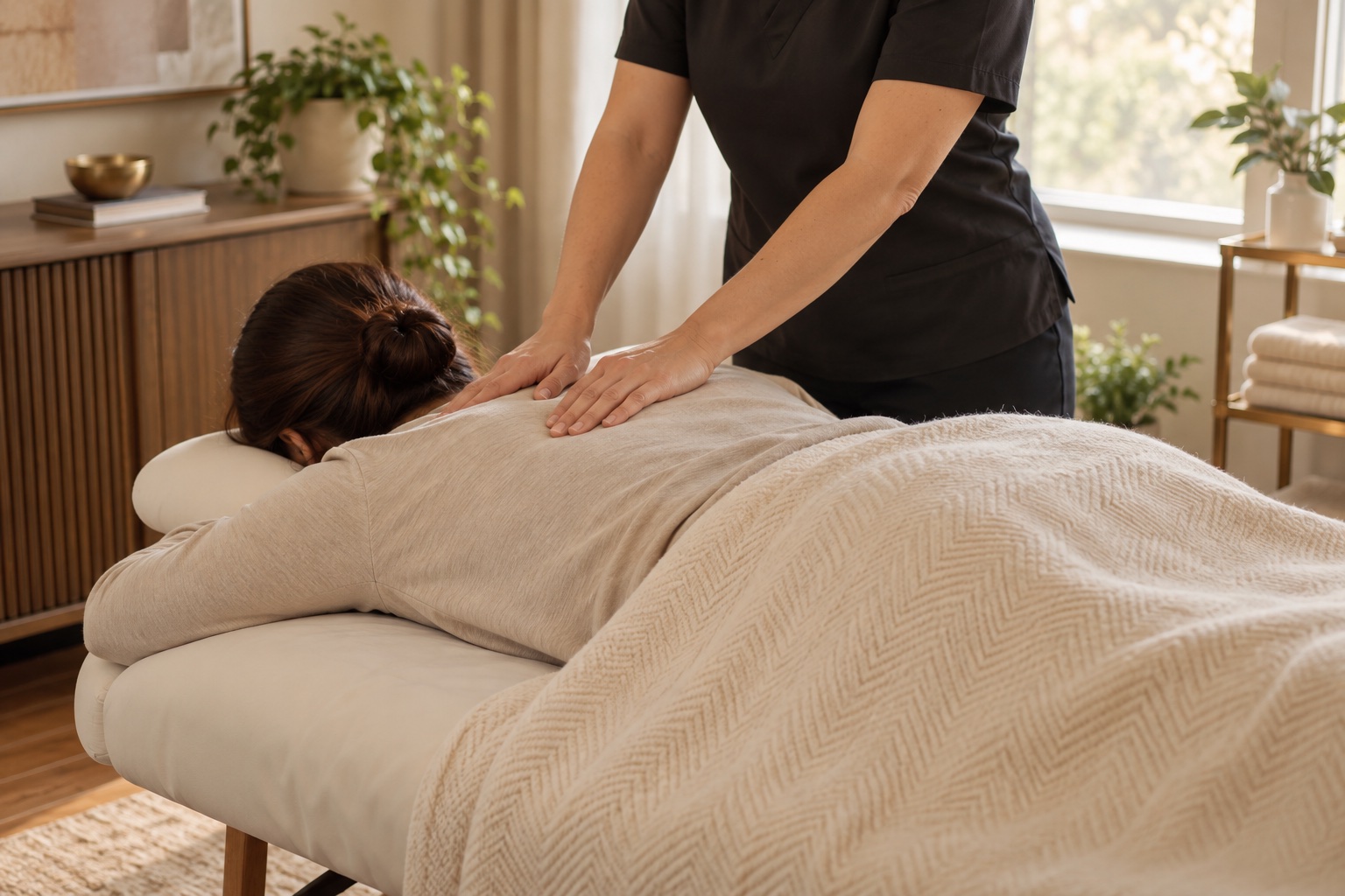 Professional massage for a client lying comfortably on a treatment table