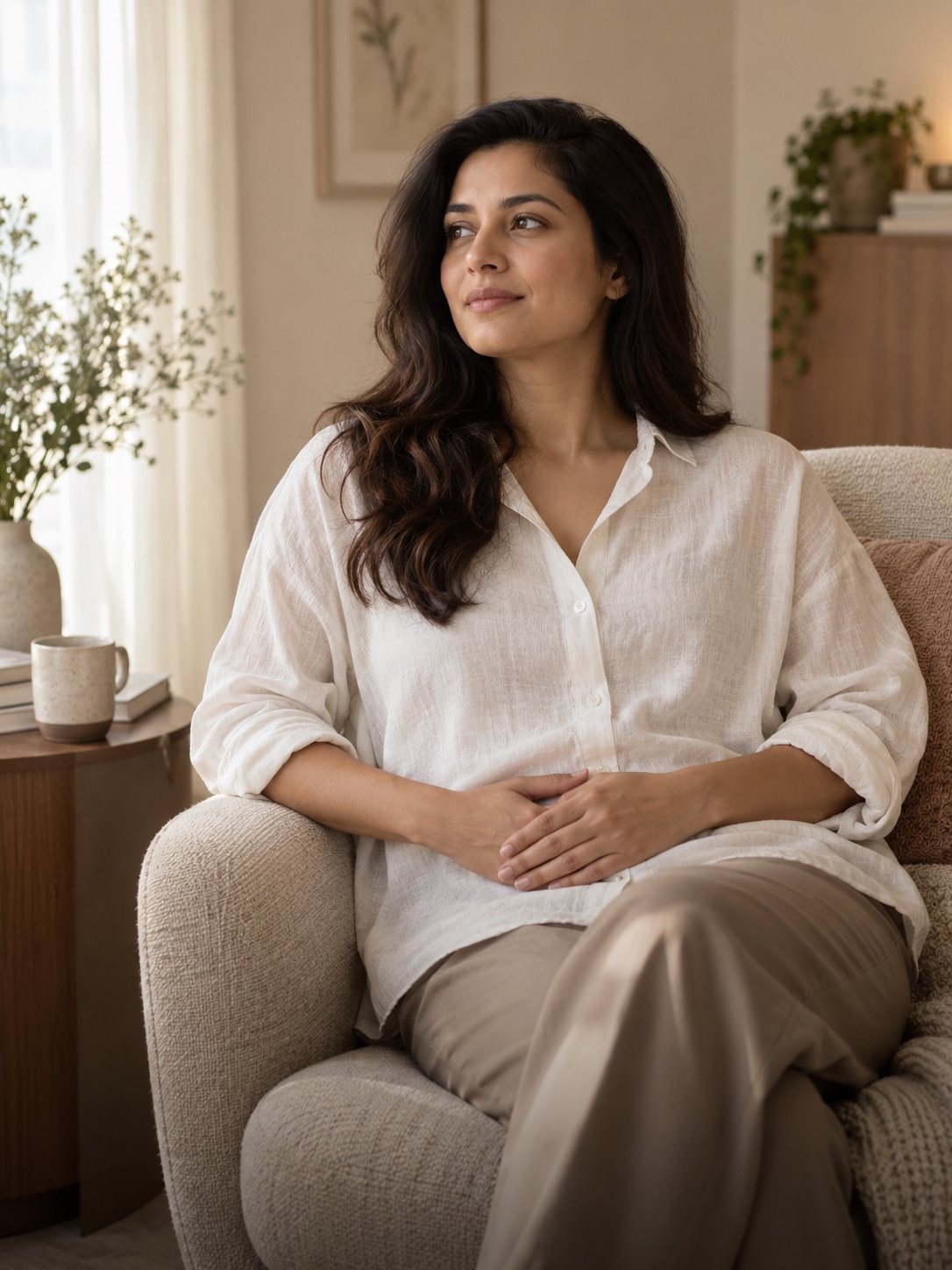 Woman resting her hands over her lower abdomen in a calm setting