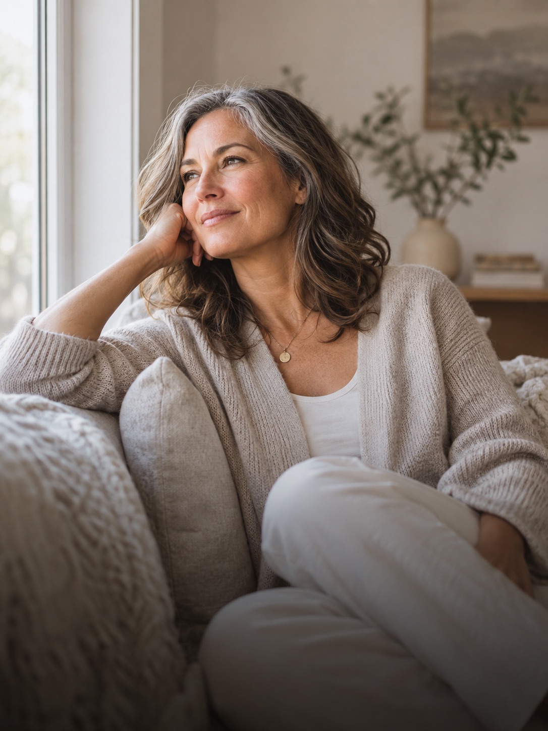 Midlife woman relaxing comfortably by a softly lit window